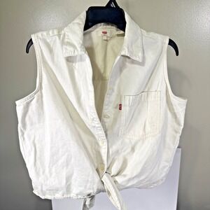 Levi's Sleeveless Shirt Women Large White Tie Front Denim Button Down 29958-0004
